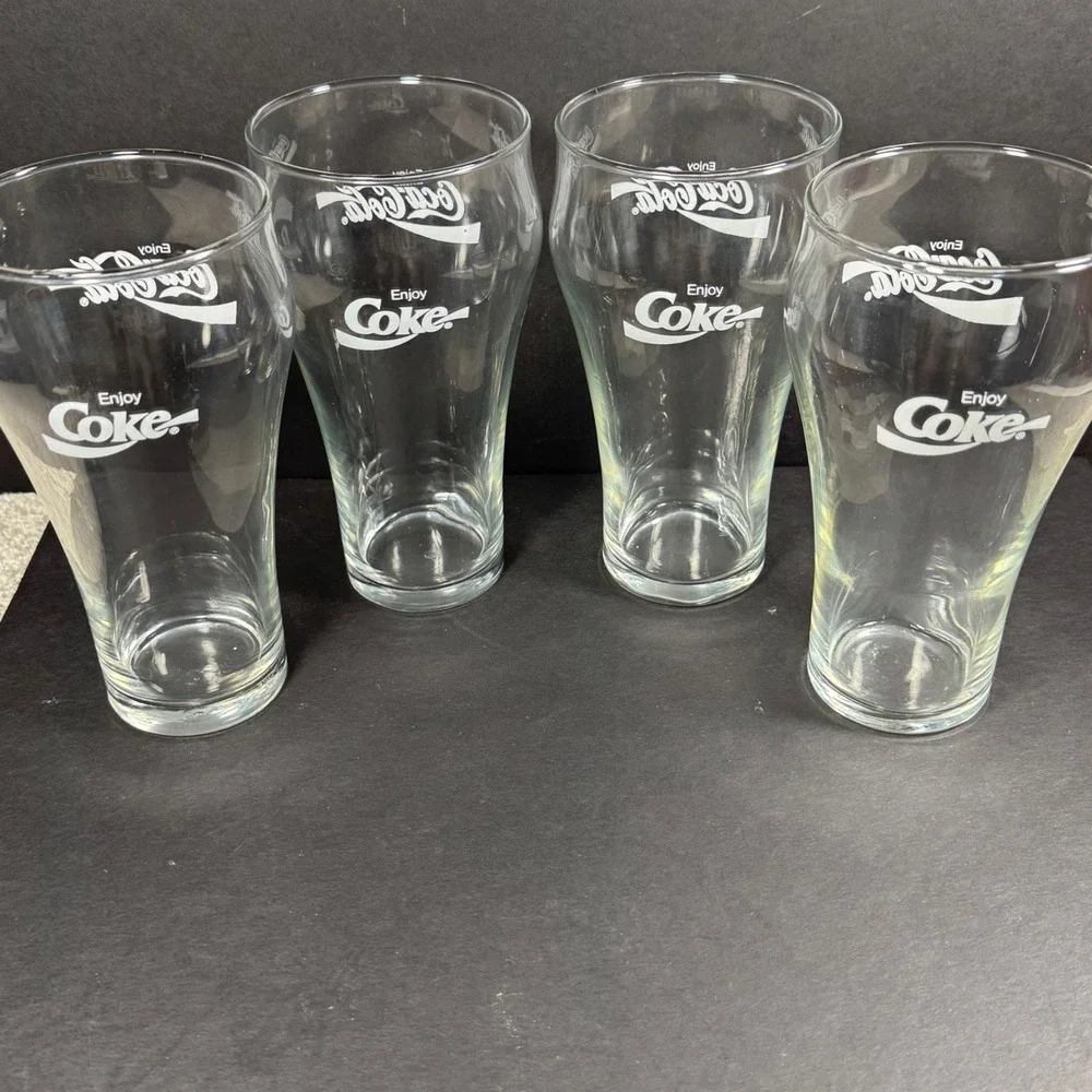 Coca-Cola Drinking Glasses Clear White Logo Bell Shape Set of 4 16oz 6in